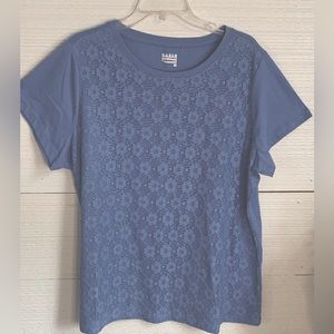 Basic Editions Short Sleeve light blue floral lace print design blouse.  Size 1X
